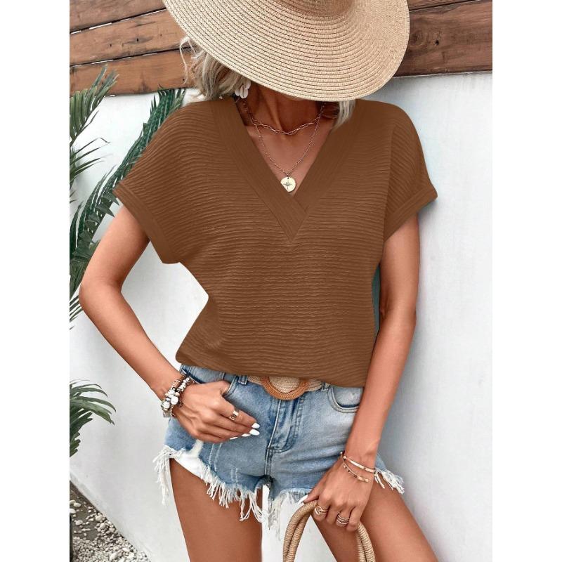 Spring and Summer Fashion Loose V-neck Short Sleeved T-shirt Top