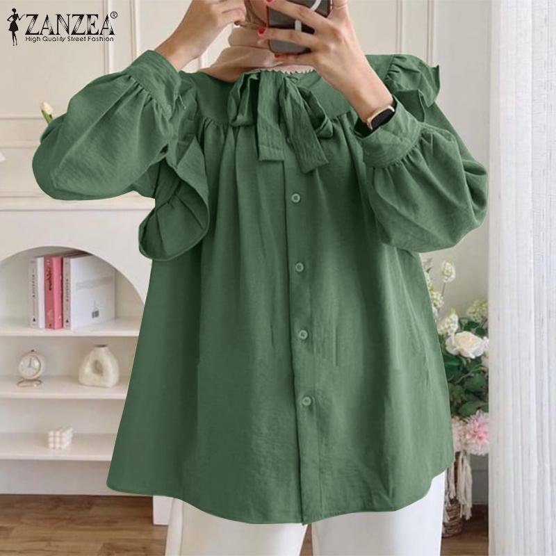 

ZANZEA Женская повседневная однотонная блузка с круглым вырезом и длинными рукавами