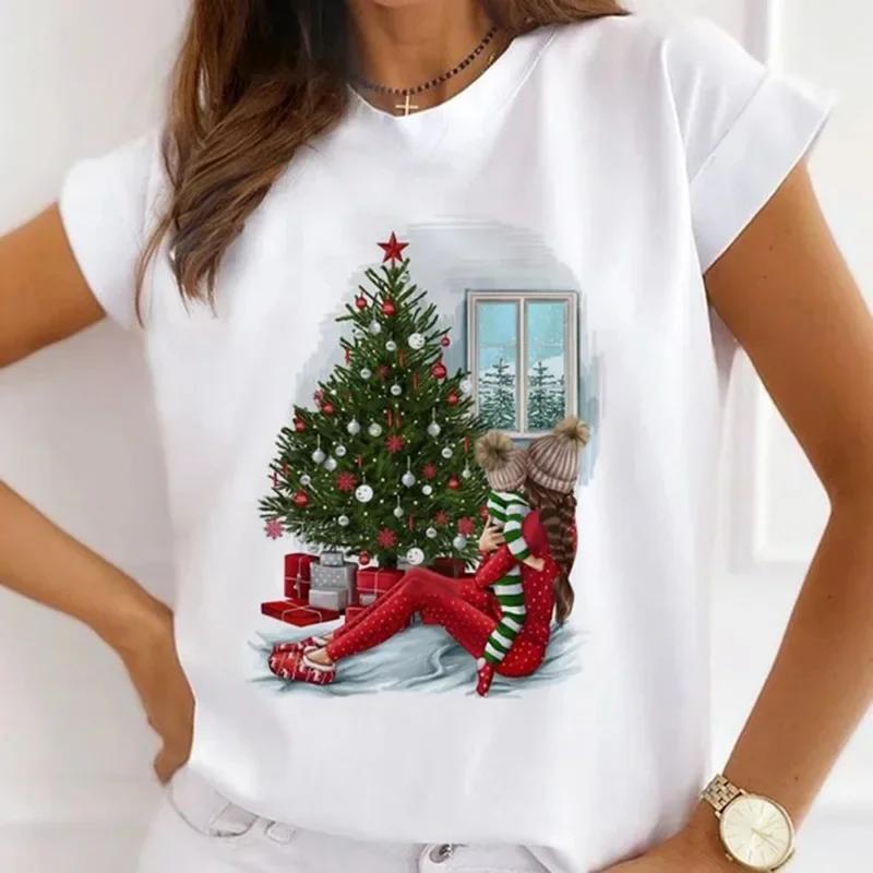 Festival Christmas Printed Short Sleeved Casual Womens Tshirt Crewneck Tops Kawaii Fashion Women TShirt Clothes Harajuku