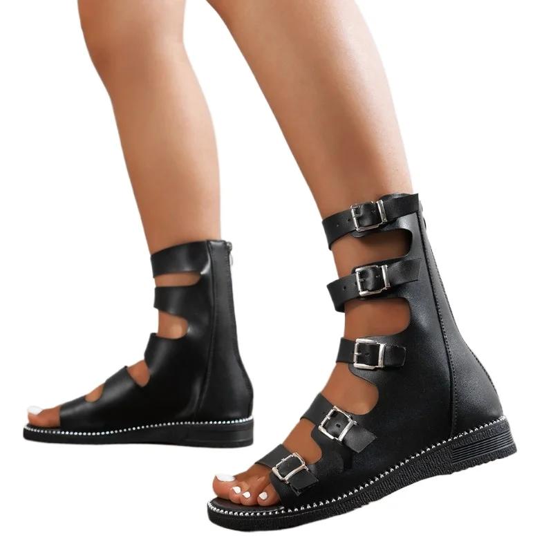 Sandalias De Punta Abierta Para Mujer, Zapatos De Gladiador Planos Con Cremallera Trasera Romana, Informales Para Outsidees,