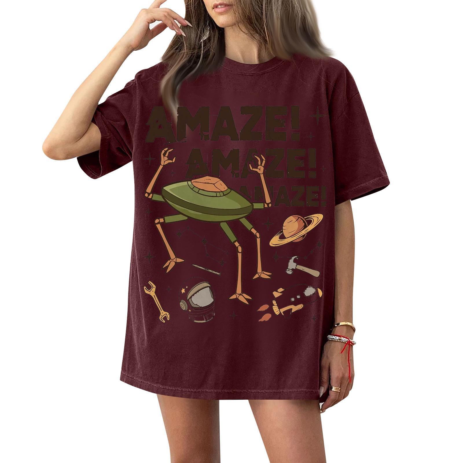 

Loose Fit Short Sleeve Graphic Tee Crew Neck Cartoon Print Casual T Shirt for Women Men Unisex Comfortable Top XL винний