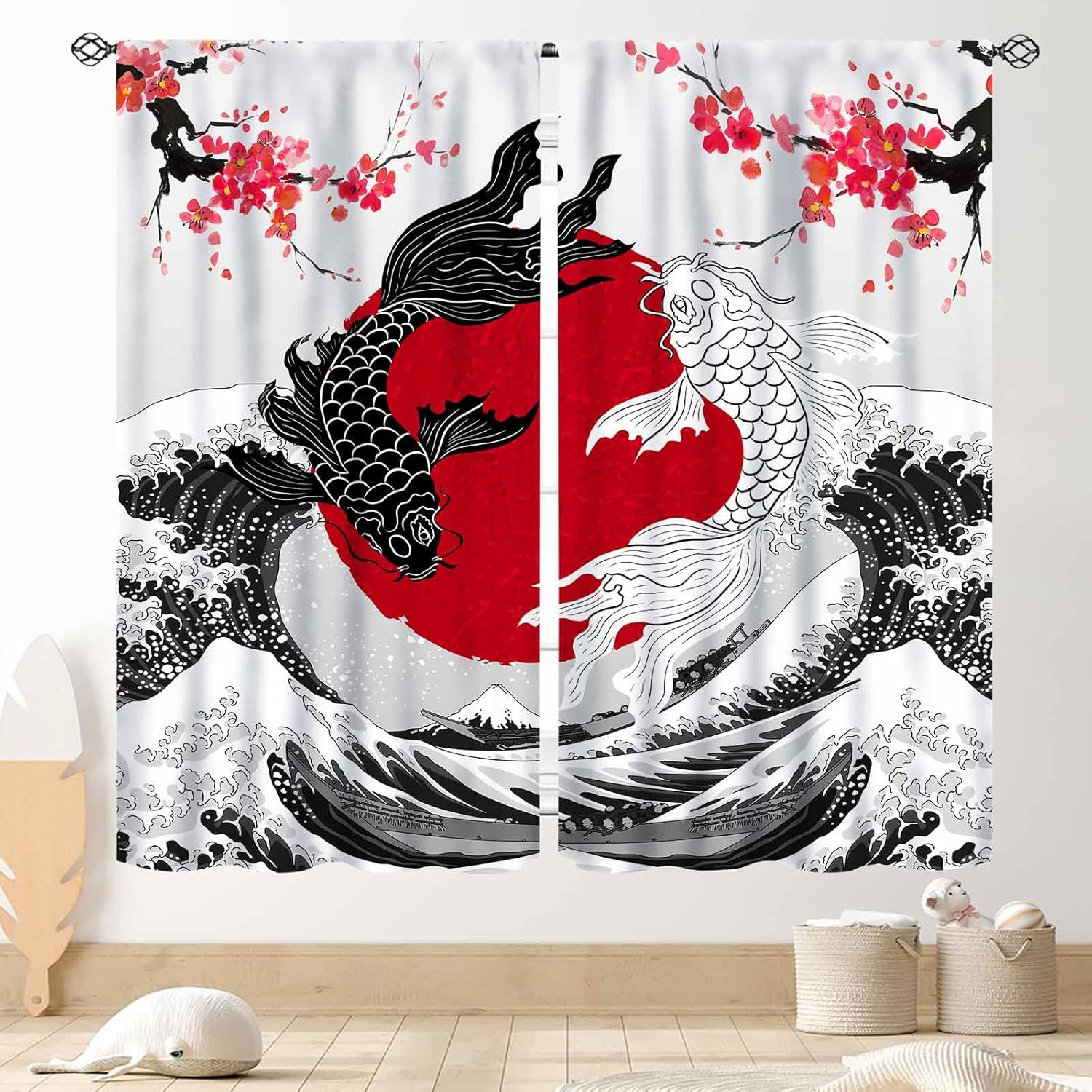 Japanese Curtains, Asian Style Japanese Anime Black White Yin Yang Koi Fish Cherry Blossom Great Wave Oriental Window Drapery Tr 60×150cm
