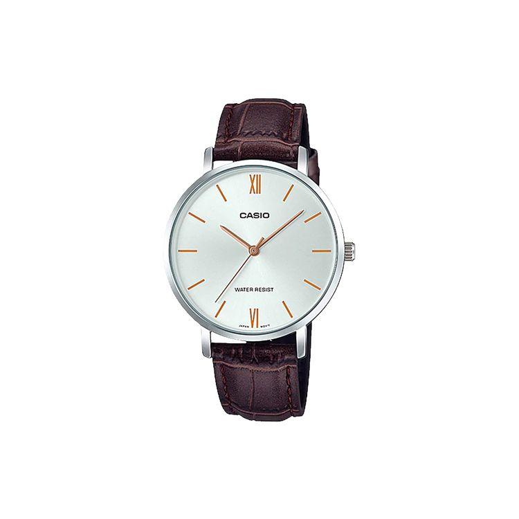 Casio Dress Minimalist Leather Fashion Quartz Movement Genuine Leather Strap Watch Women watches White LTP-VT01L-7B2 Brown Strap