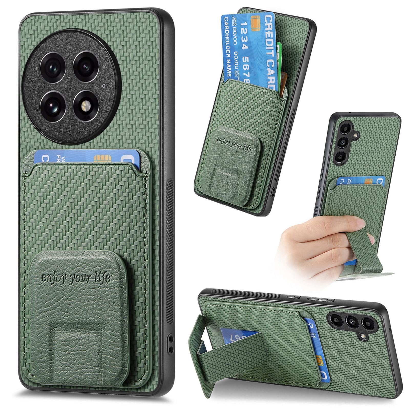 

For OnePlus 13 Case Card Holder Carbon Fiber Texture Leather Coated TPU Phone Cover Green