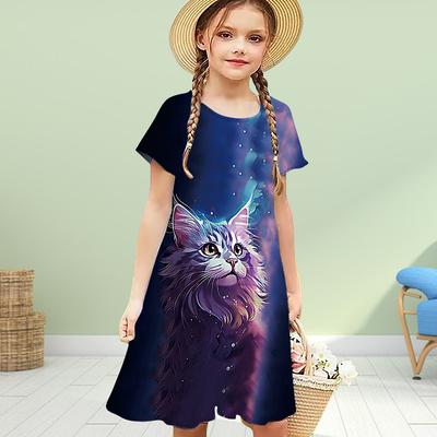 Dievčenské 3D potlač Hviezdna obloha Mačka Šaty Deti Dievča Párty Krátky rukáv Princezná Šaty 3D potlač Šaty