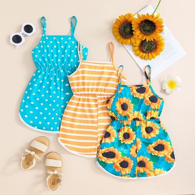 Girls' 3-piece Summer Cool Outfit Sunflower Striped Polka Dot Jumpsuit Shorts Set Summer