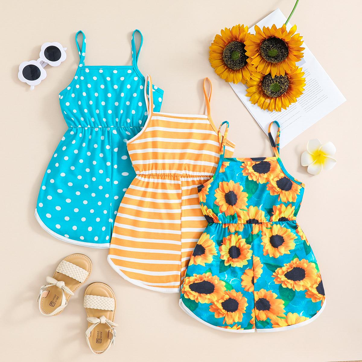 

Girls 3-piece Summer Cool Outfit Sunflower Striped Polka Dot Jumpsuit Shorts Set Summer 7Y різнокольоровий