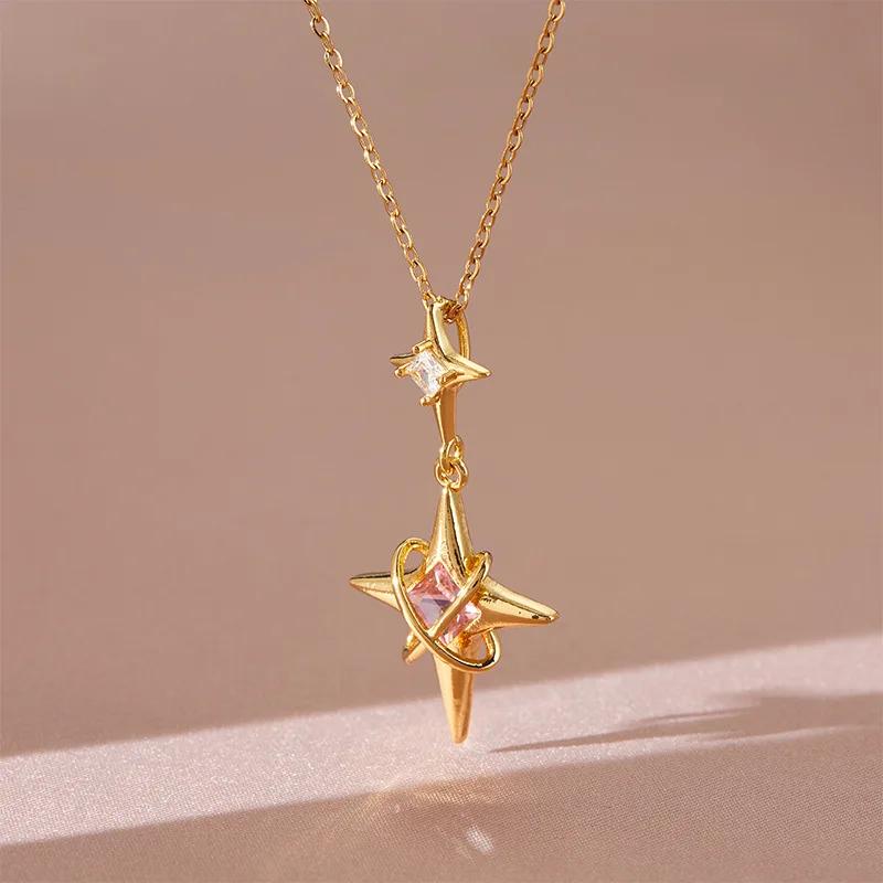 

Original Four Pointed Star Crystal Pendant Necklace for Women Charm Gold Color Stainless Steel Cross Collar Jewelry Colorfast золотой