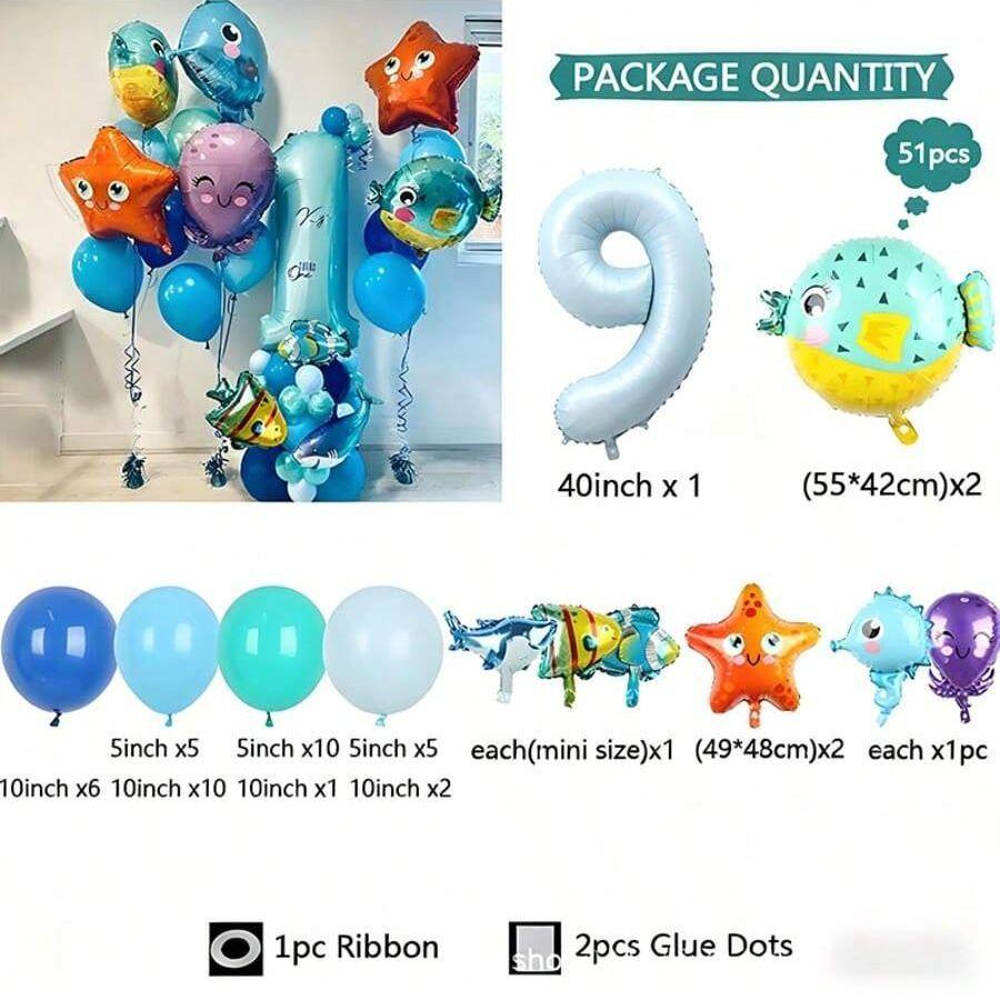 Zestaw Cyfrowych Balonów z Folii Aluminiowej o Motywie Morskim do Dekoracji Pierwszych Urodzin Dziecka