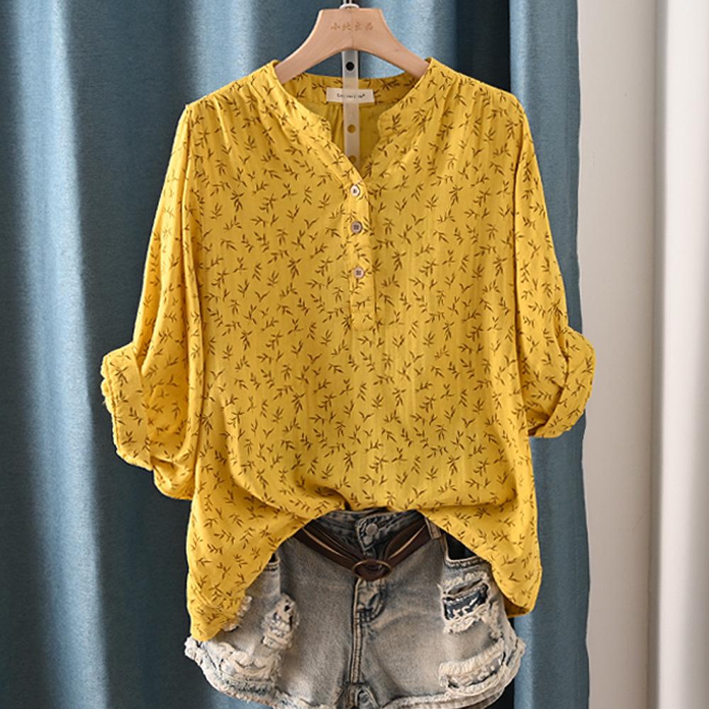 Women Cotton Casual Shirt Batwing Sleeve Stand Collar Printed Top Girl OL Loose Blouses 2024 Summer T447104QM