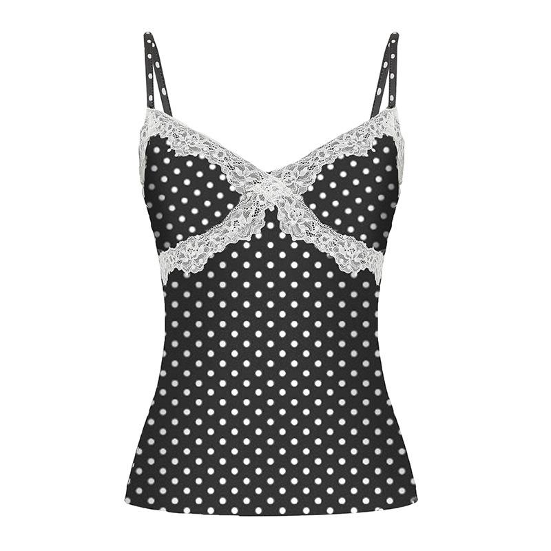 Women's Lace Patchwork Bow Polka Dot Halter Spice Girl Color Contrast Sexy V Neck Waist Vest Top