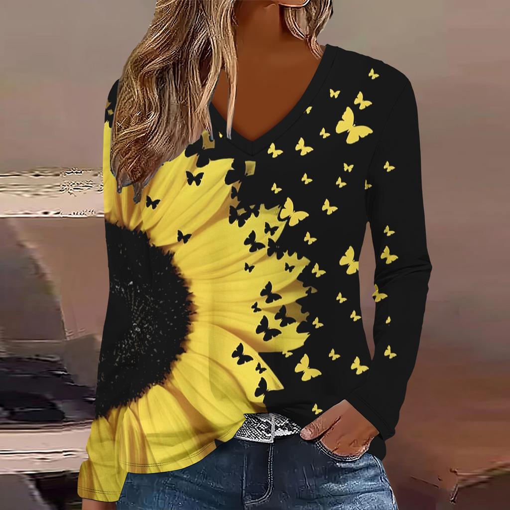 Übergröße Europäische und Amerikanische Mode 2025 Damen Elegantes V-Ausschnitt Langarm T-Shirt