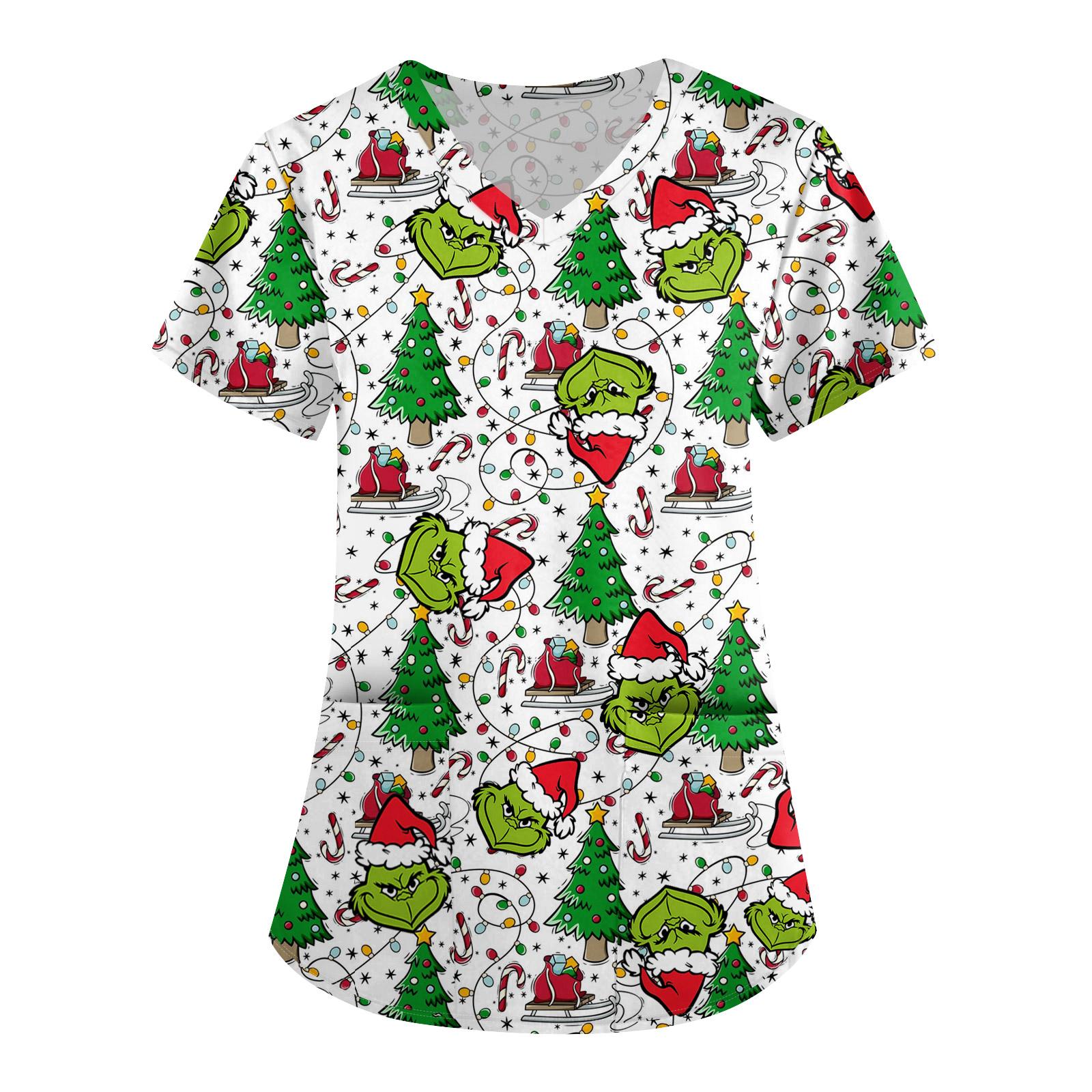 

Большой размер Принтованный скраб Рабочая униформа Топы для женских V-образный вырез с запахом Принт Короткий рукав Веселые футболки Рабочая одежда Футболка с карманами L