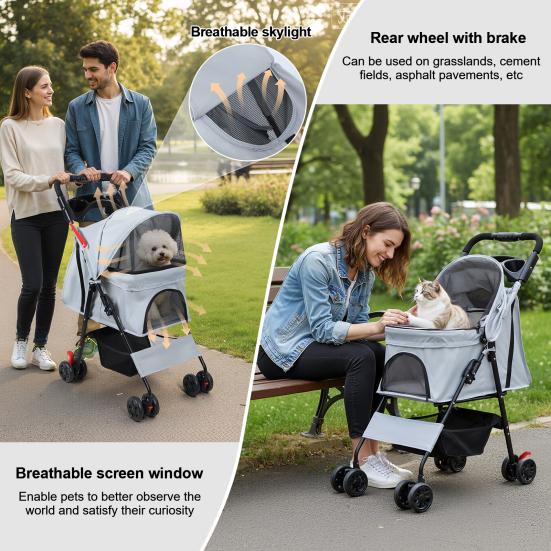 4 Wheels Pet Stroller, Foldable Cat And Dog Stroller with Mesh Windows, Cup Holder, Storage Basket, Breathable Pet Strolling Cart Holds Up To 22lbs