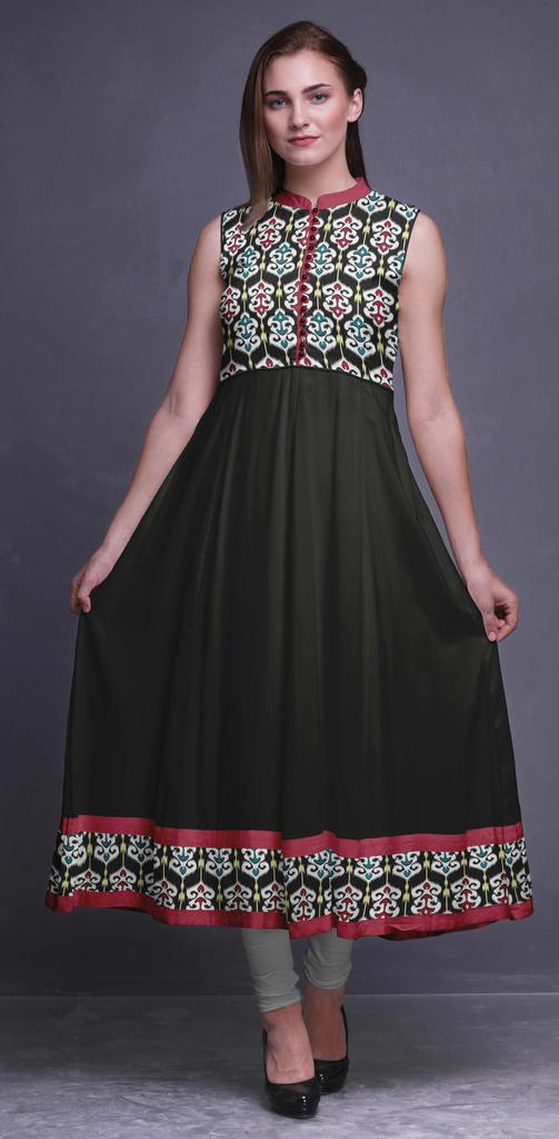 Bimba Black Floral Printed Women Designer Mandarin Collar Anarkali Dress Indian Ethnic Kurta