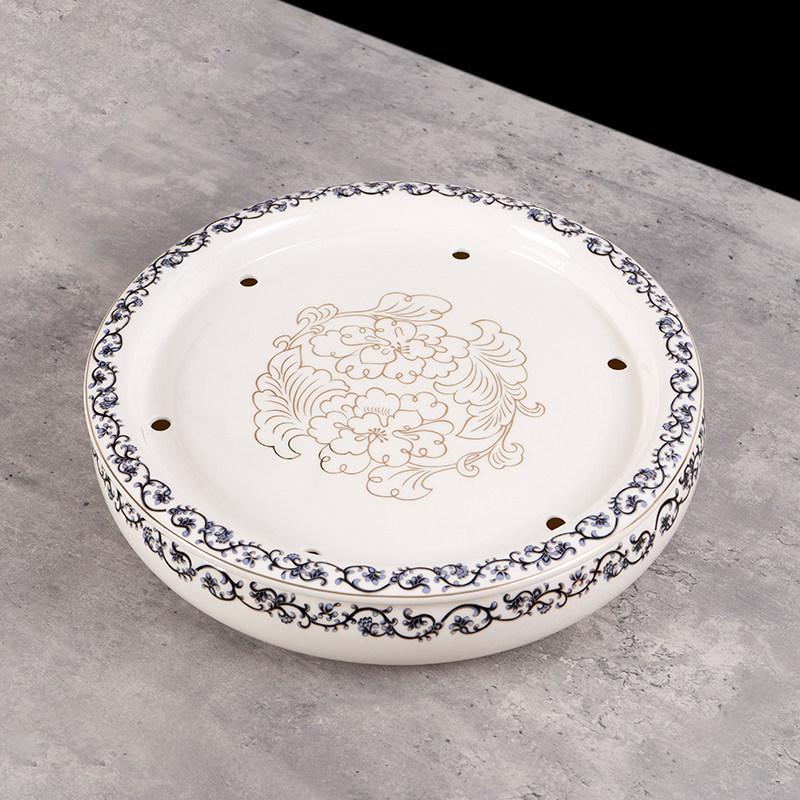 14-inch Ceramic Round Tea Tray for Gongfu Tea, with Double-Layer Water Storage