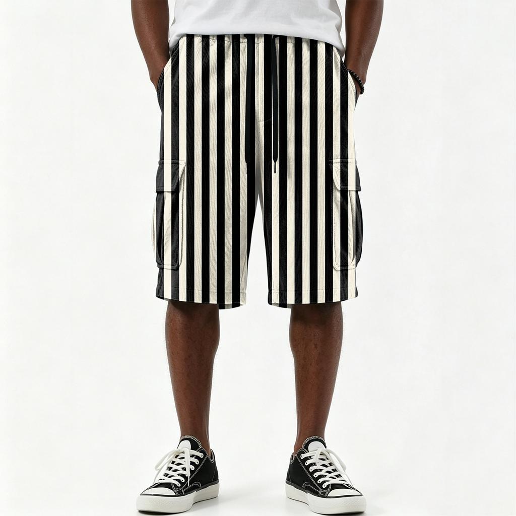 Men's Casual Striped Print Drawstring Shorts with Multiple Pockets Knee Length