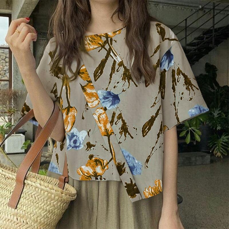 

ZANZEA Женская летняя блузка с круглым вырезом и коротким рукавом, свободная с принтом 5XL