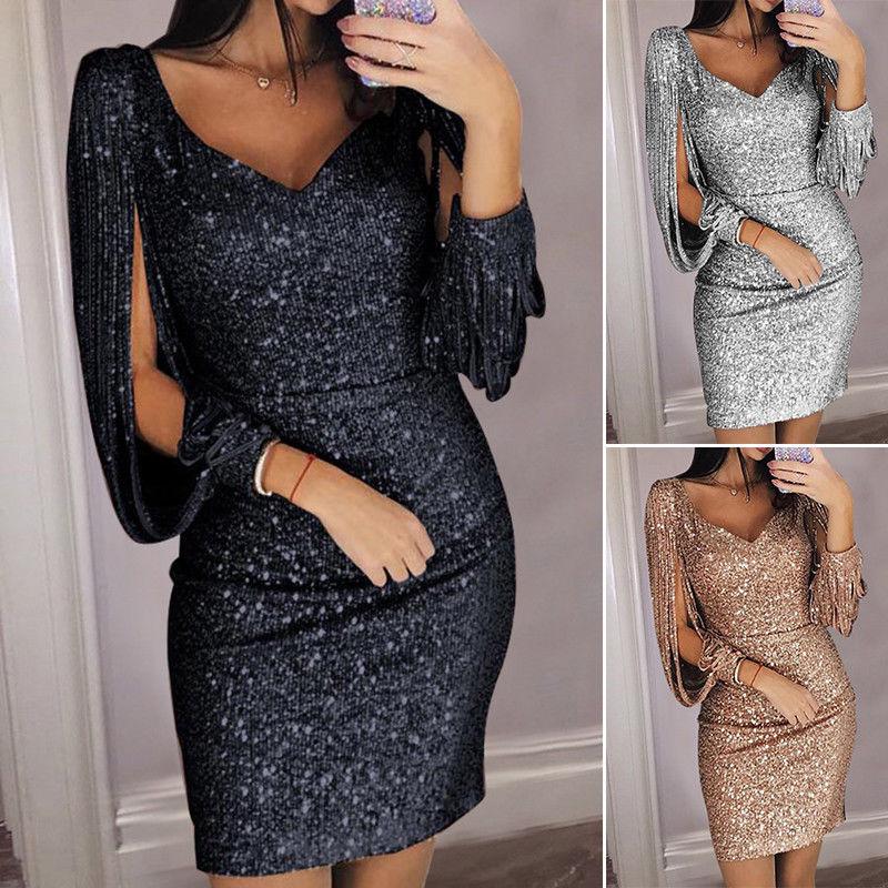 Ladies Elegant Sequins Sexy Vneck Mini Casual Cocktail Party Slim Stylish Dress
