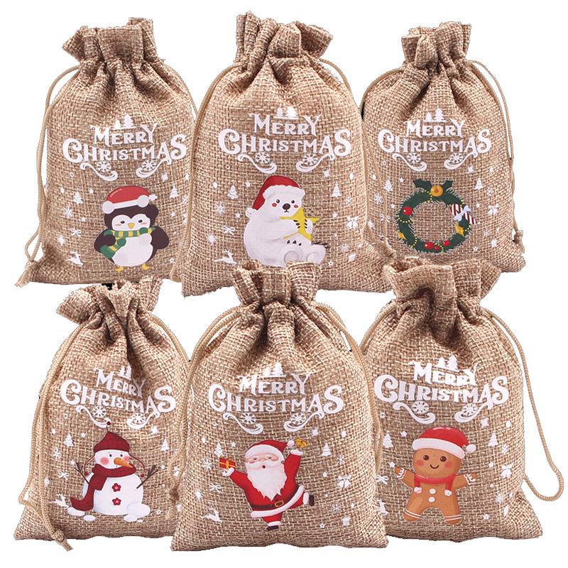 Jute-Style Christmas Gift Bag with Drawstring Closure - Small Candy & Apple Storage