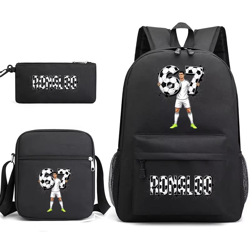 Cr7 Ronaldo 67 Patroon Schoolrugzak Set met Schoudertas en Etui voor Tieners Kinderen Meisje Jongen Lichtgewicht Ruime Schooltas