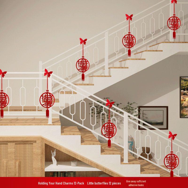 Double Happiness Stair Railing Decor: Wedding Floral Ornaments for Bride and Groom Sides