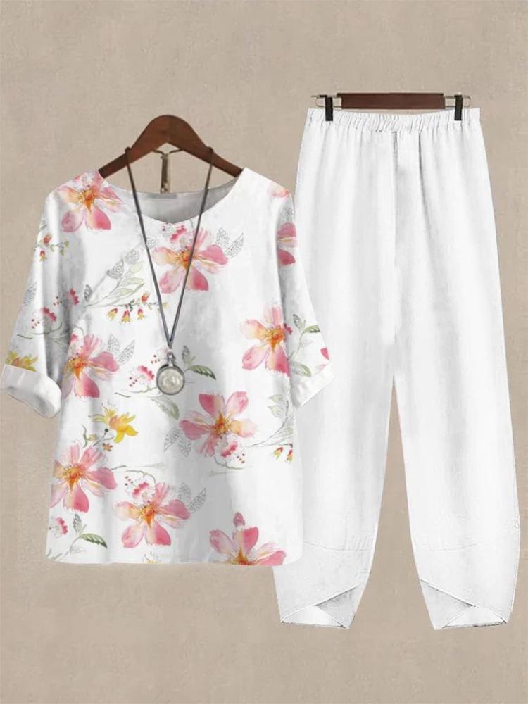 1116 New Women's Clothing Casual Crew Neck Five-Sleeve Top Digital Printing Women's Two-piece Set