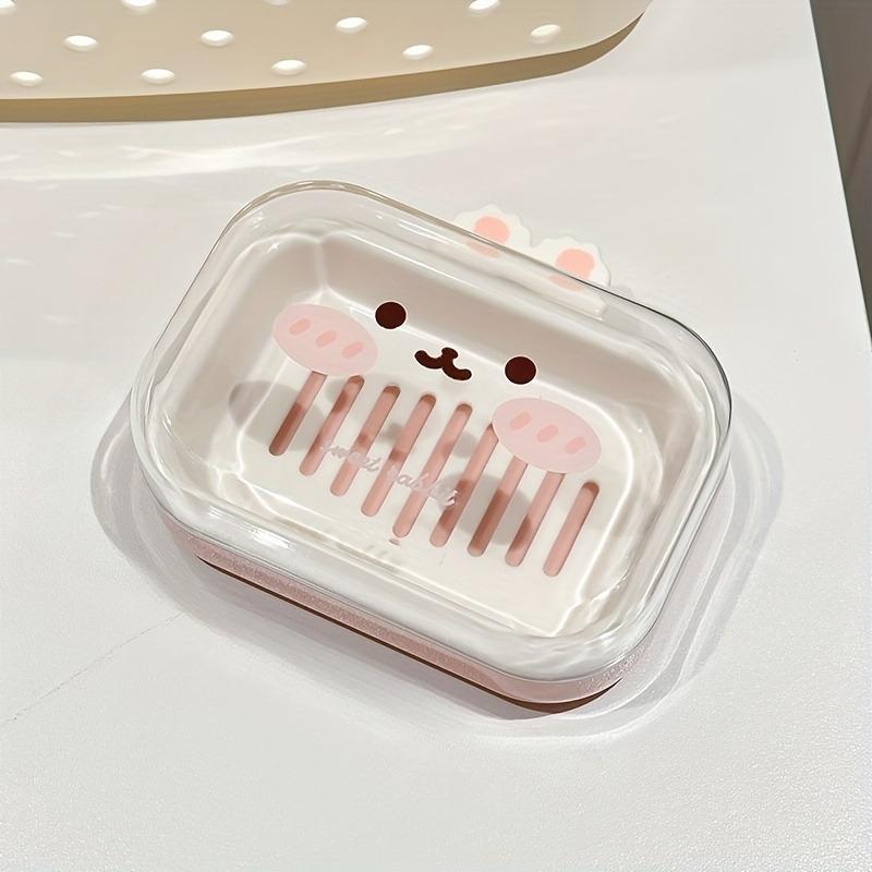 1PC Portable Cartoon Soap Box with Lid - Transparent Cartoon Rabbit Design, Double Drain Soap Holder