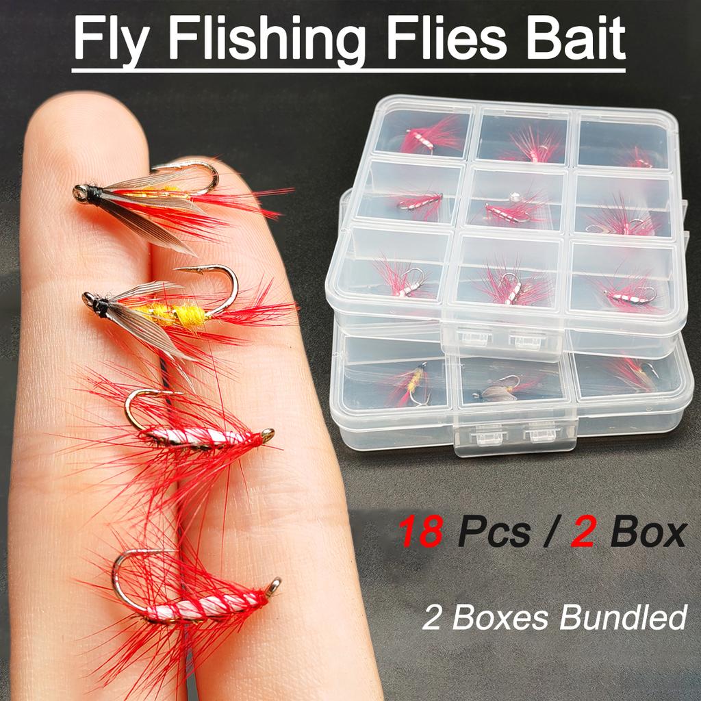 Fliegenfischen Fliegen 18 Stück - 2 Boxen Bundle 2 verschiedene Stile Nassfliegen Köder zum Fangen von Fischen wie Forelle/Barsch etc. in Süßwasser
