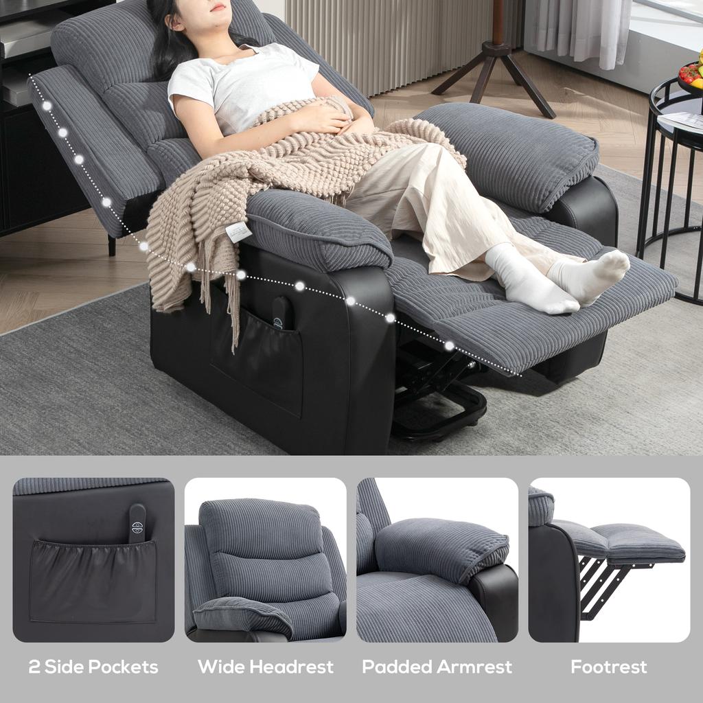 Overstuffed Corduroy Electric Lift Recliner Chair - Dark Grey