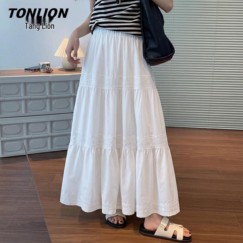 TonLion Women s White High-Waist A-Line Tiered Midi Skirt L