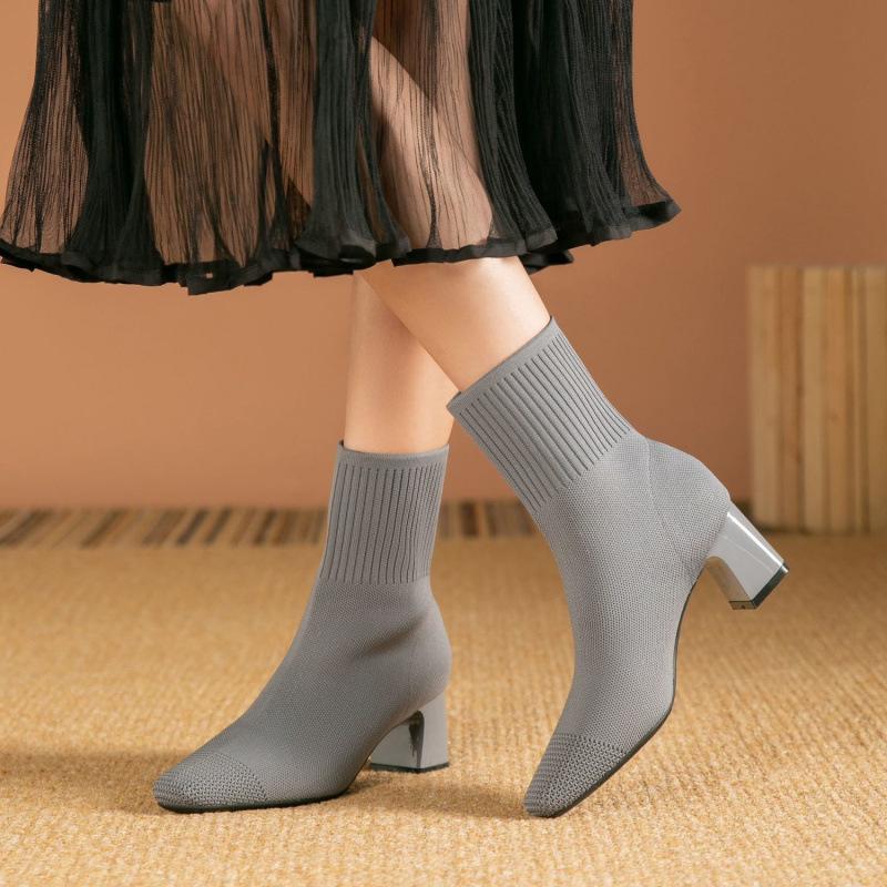 Skinny Boots Women's High-heeled Short Boots Knitted Autumn and Winter Single Boots Square Socks Boots Thick Heel Winter Elastic 2025 New