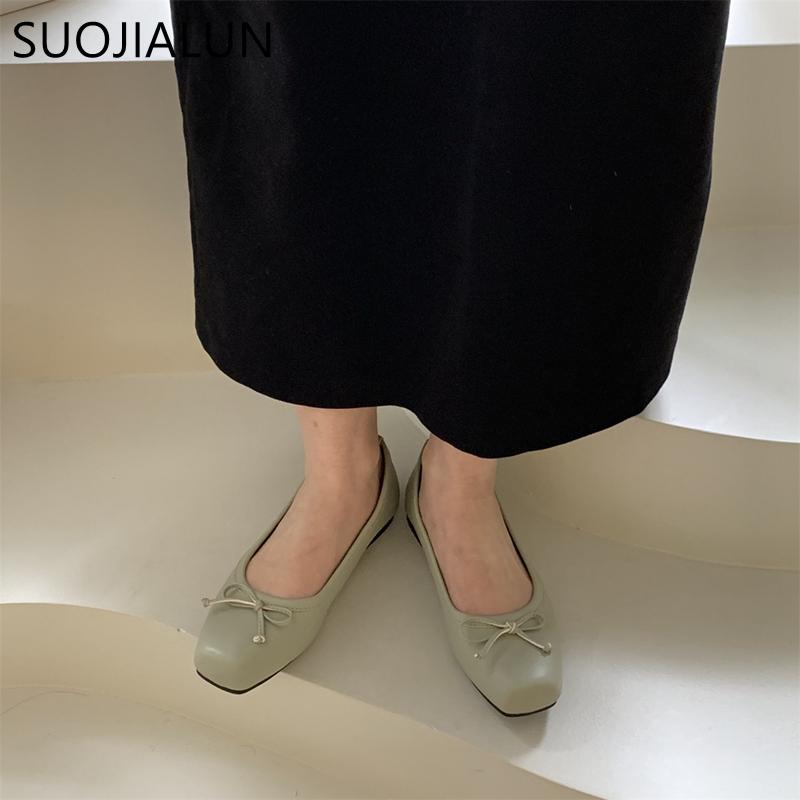 Fashion SUOJIALUN 2025 New Women Flat Shoes Fashion Square Toe Shallow Slip On Ladies Casual Ballet Shoes Soft Leather Outdoor Loafers S