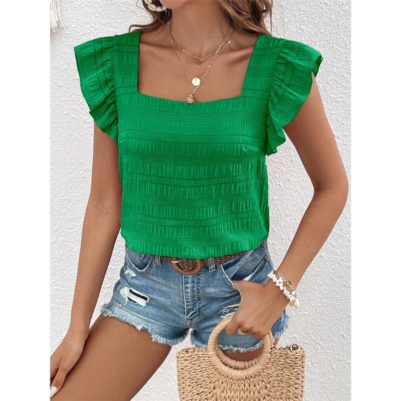   Women's Square Neck Ruffle Sleeve Crop Top Textured Casual Summer Tops