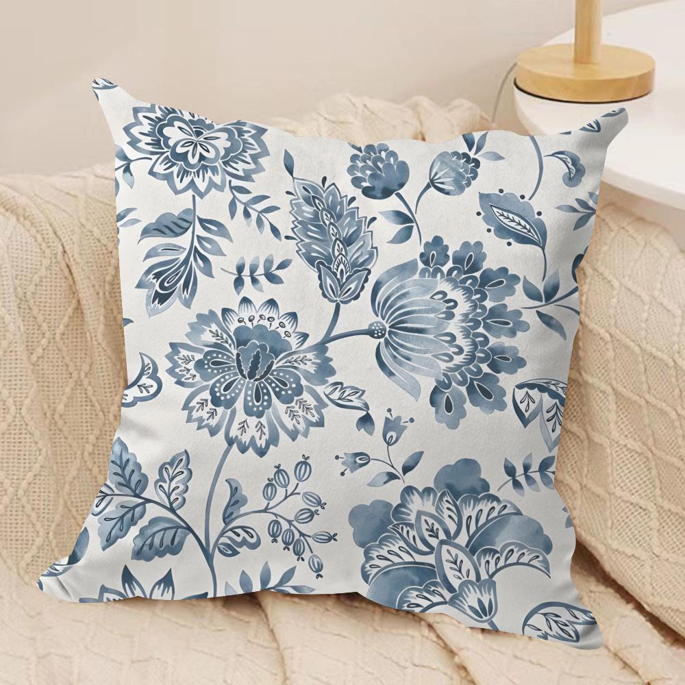 Ethnic Style Blue Floral Cushion Cover Soft Plush Fabric Double-Sided Printed Sofa Cushion Cover for All Seasons Home Decor Gift