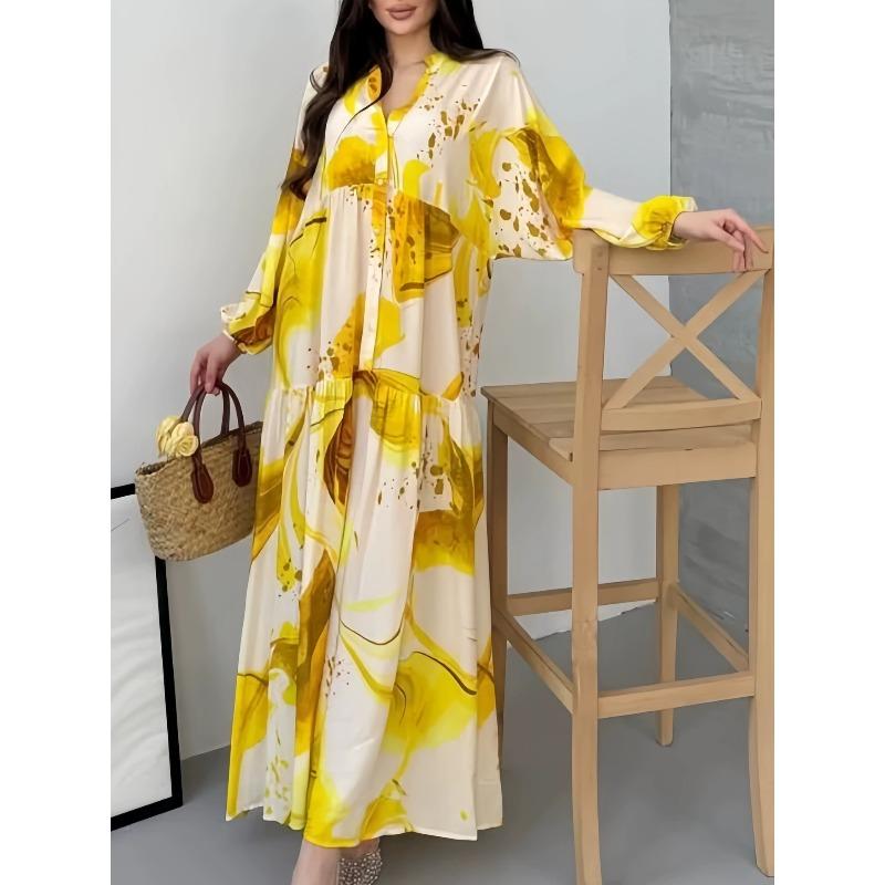 European and American new, printed dress loose casual long-sleeved temperament v-neck long dress women