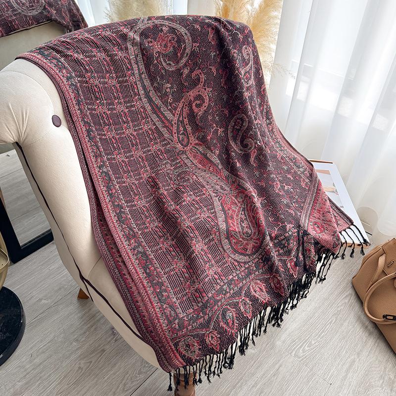 Jacquard Scarf Shawl Tassel Cashew Jacquard Ethnic Style Scarf Women's Autumn and Winter Retro Scarf Warm and Cold-proof Shawl