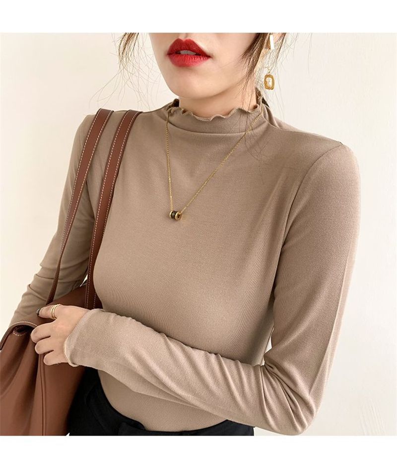 

Женский бархатный подклад с полувысоким воротником, осенне-зимний новый топ с длинным рукавом, с деревянным краем и в зарубежном стиле, студенческий утолщенный 3XL