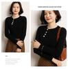 Women's Slim Fit Cashmere Sweater - Round Neck Ribbed with Diagonal Buttons, Elegant Knitwear for Autumn and Winter