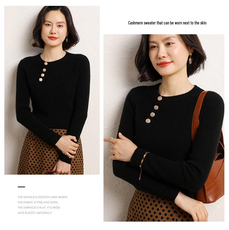 Women's Slim Fit Cashmere Sweater - Round Neck Ribbed with Diagonal Buttons, Elegant Knitwear for Autumn and Winter