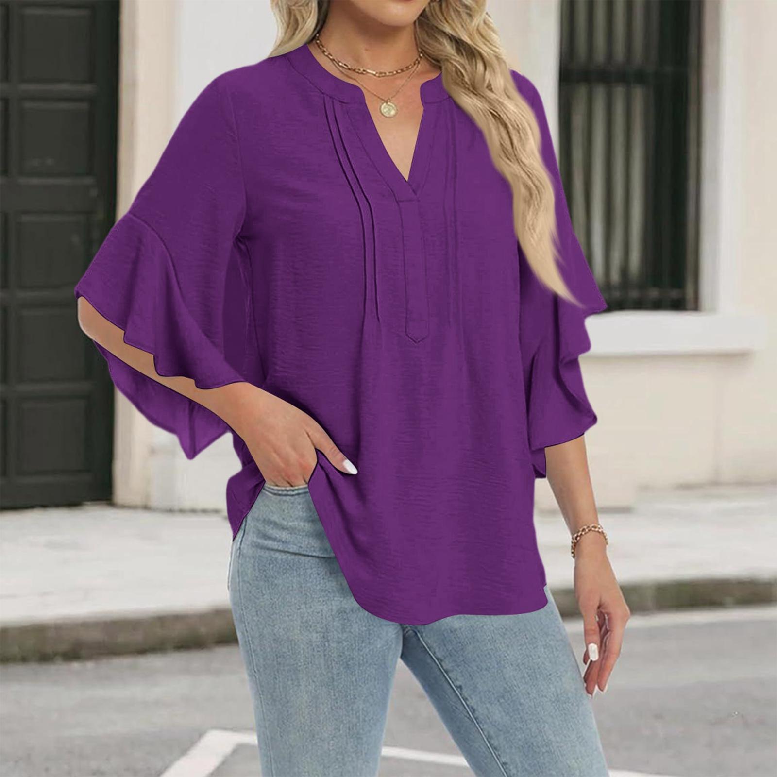Women s fashionable casual three-quarter sleeve V-neck ruffle top S фиолетовый