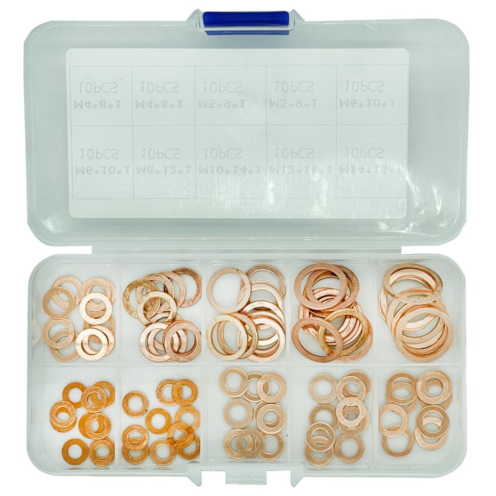 100 Stück Kupfer Unterlegscheibe Dichtung Mutter und Schraube Set Flacher Ring Dichtung Sortimentskasten mit Box M4/M5/M6/M8/M10/M12/M14 für Ölablassschrauben
