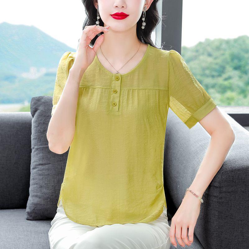 Sommer-Rundhalsshirt für Damen, kurzärmeliges Shirt aus Eisseide, lockeres Mama-T-Shirt für Damen, kurzärmeliges Shirt