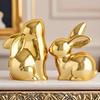Ceramic Rabbit Figurines Set of 2, Gold Decorative Bunny Statues for Home Decor, Small Modern Animal Showpieces