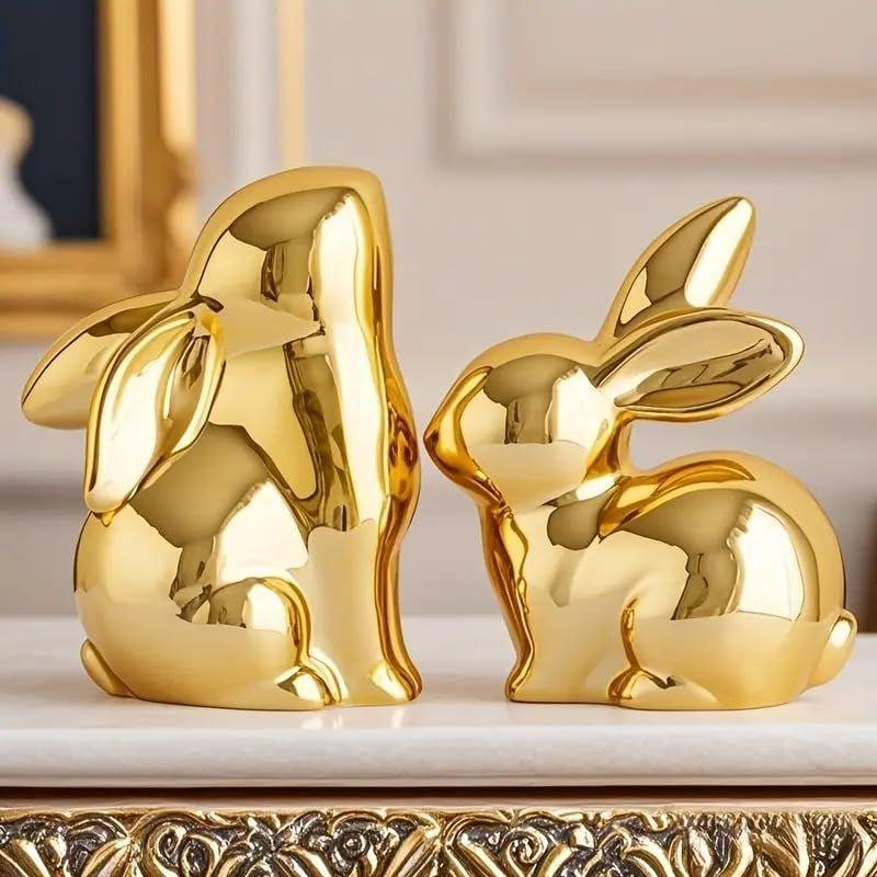 Ceramic Rabbit Figurines Set of 2, Gold Decorative Bunny Statues for Home Decor, Small Modern Animal Showpieces