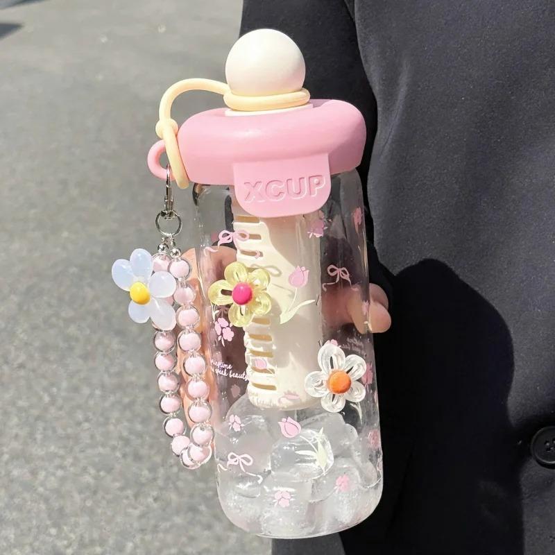 Söta Blomster Te-glas med Rosett och Sugrörsflaska Kaffekoppar för Kall Dryck Dam Glas Tumbler Juice Mjölkte Vattenavskiljare Dryckeskärl Kopp