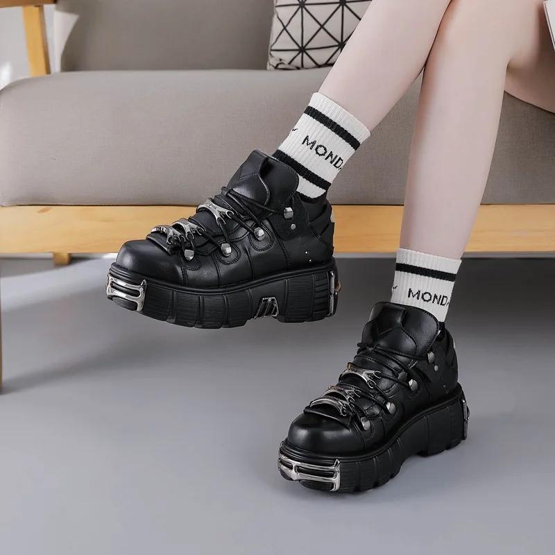 Spring New Women's Shoes Heavy Metal Thick Bottom High Top Punk Leather Shoes Gothic Dark Motorcycle Boots Trend
