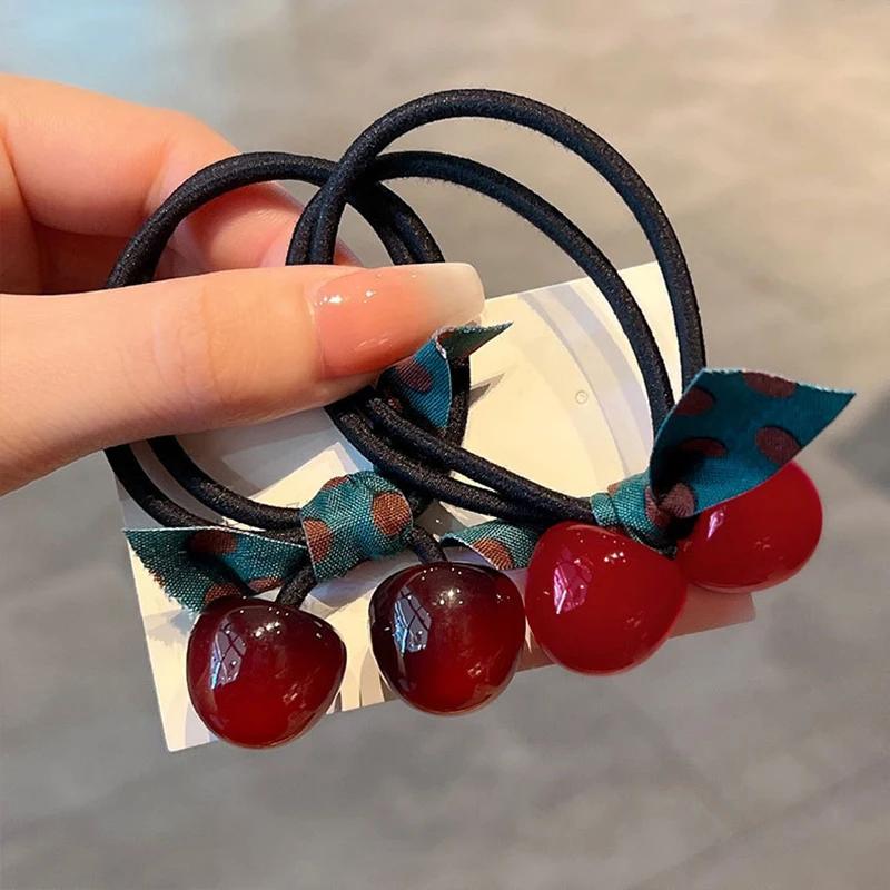New 3Pcs/Set Cute Sweet Cherry Bow Scrunchies Simple High Elastic Rubber Bands Lady Lovely Hair Bands Women Hair Accessories