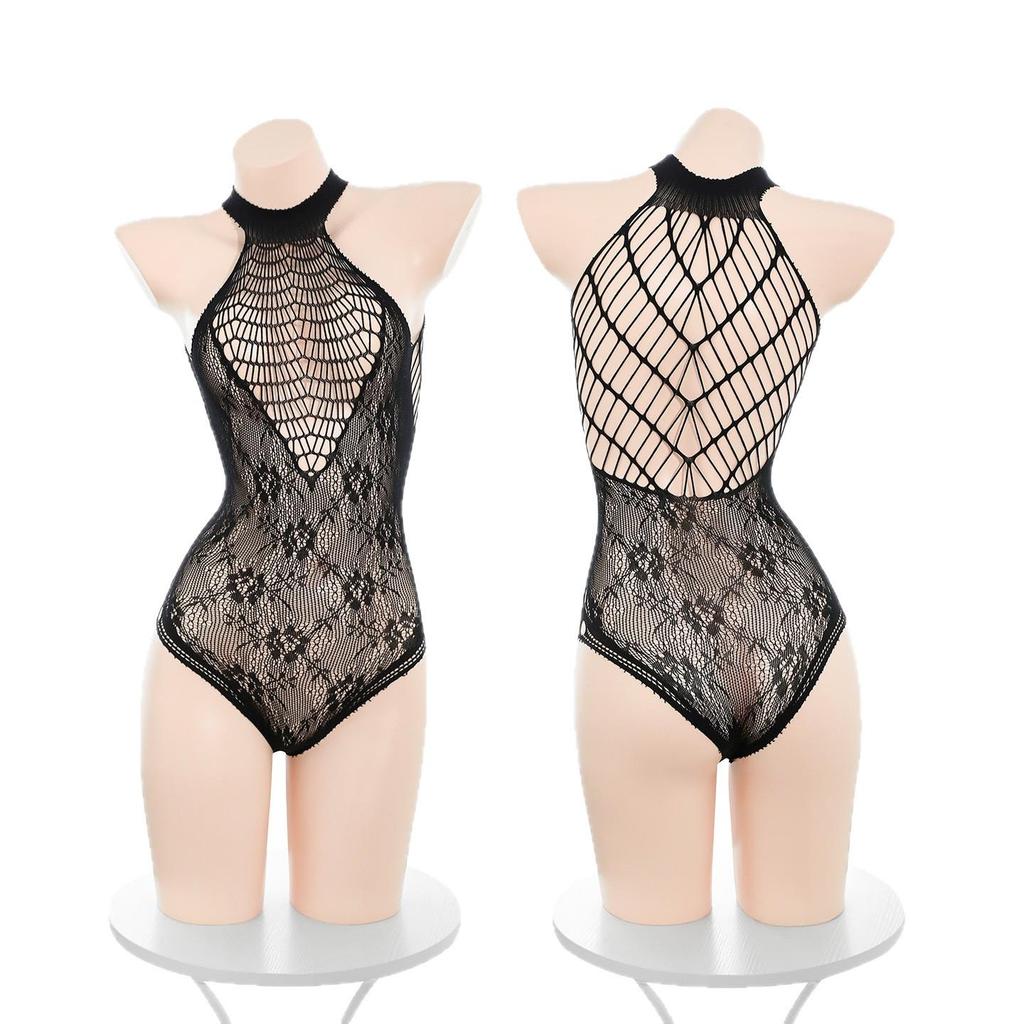 Tearable Spiderweb Rose Jacquard Mesh Halter Bikini