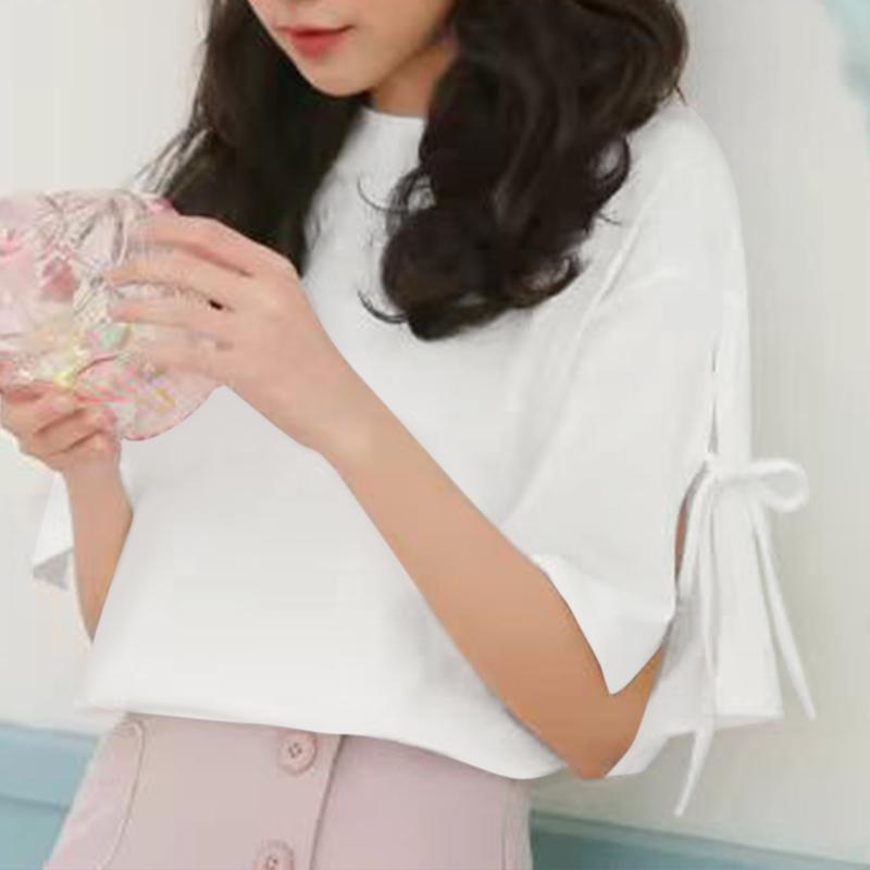 

ZANZEA Женские летние блузки с круглым вырезом и коротким рукавом на завязках S белый